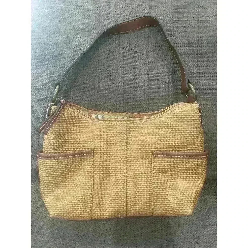 Fossil Woven And Leather Handbag Purse Tan & Brown Rainbow Stripe Canvas Lined